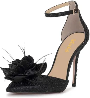 miss left Women Fashion Fur Pointy Toe D'Orsay Pumps with Ankle Strap Flowers Stiletto High Heel Sandals Wedding Event Shoes Size 4-16 US