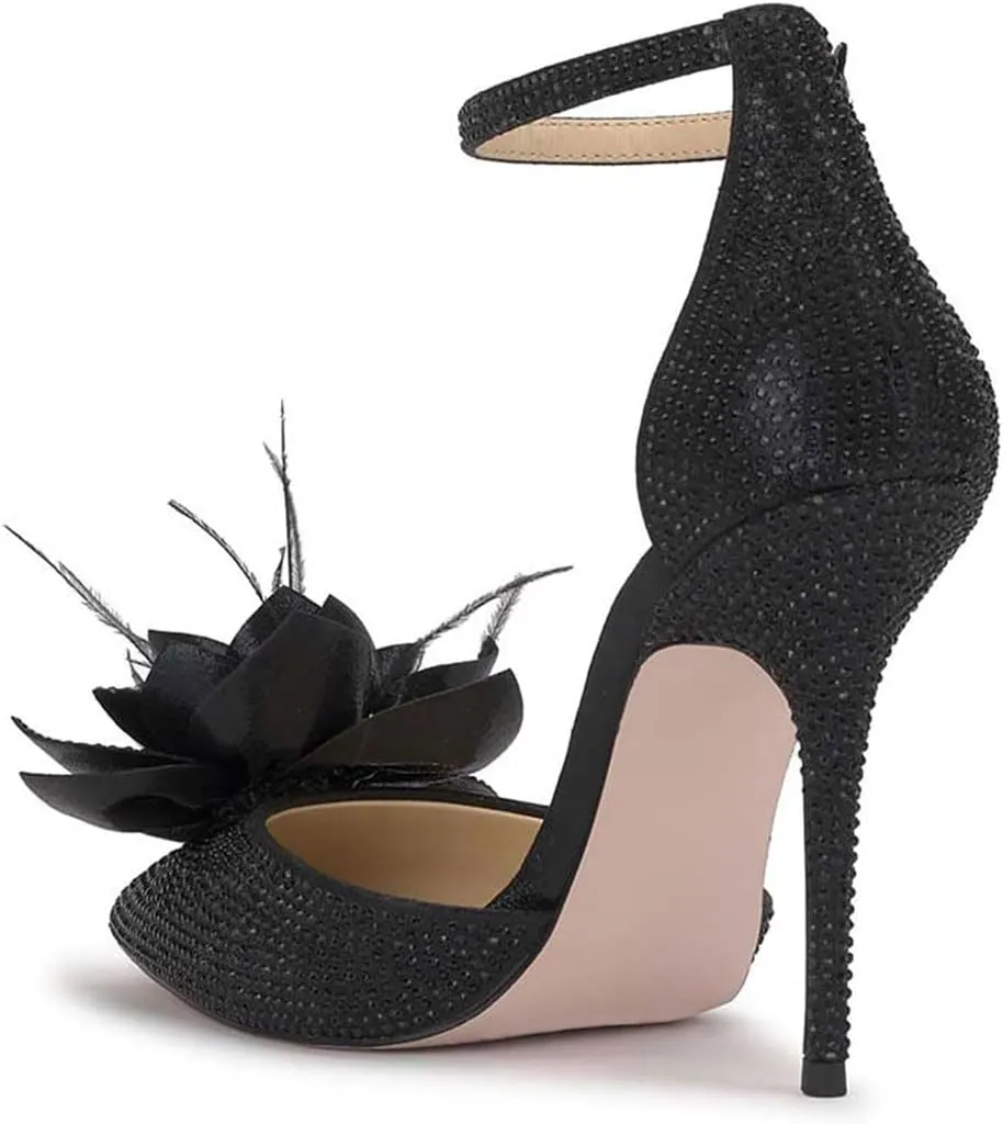 miss left Women Fashion Fur Pointy Toe D'Orsay Pumps with Ankle Strap Flowers Stiletto High Heel Sandals Wedding Event Shoes Size 4-16 US
