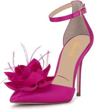 miss left Women Fashion Fur Pointy Toe D'Orsay Pumps with Ankle Strap Flowers Stiletto High Heel Sandals Wedding Event Shoes Size 4-16 US