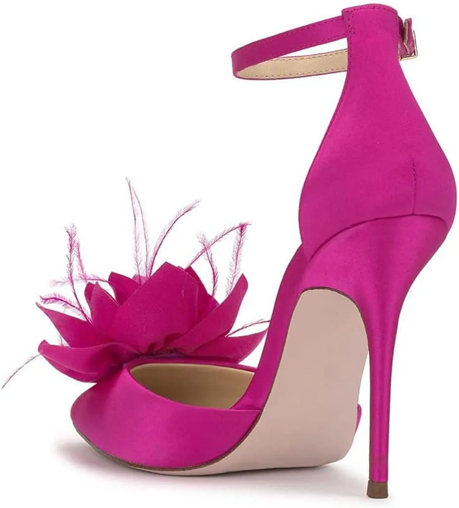 miss left Women Fashion Fur Pointy Toe D'Orsay Pumps with Ankle Strap Flowers Stiletto High Heel Sandals Wedding Event Shoes Size 4-16 US