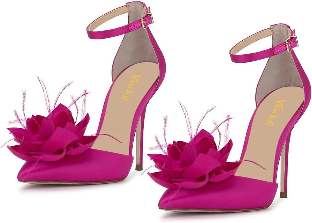 miss left Women Fashion Fur Pointy Toe D'Orsay Pumps with Ankle Strap Flowers Stiletto High Heel Sandals Wedding Event Shoes Size 4-16 US
