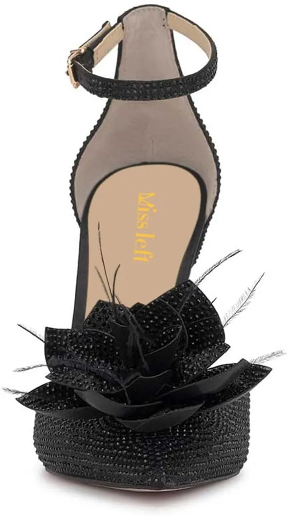 miss left Women Fashion Fur Pointy Toe D'Orsay Pumps with Ankle Strap Flowers Stiletto High Heel Sandals Wedding Event Shoes Size 4-16 US