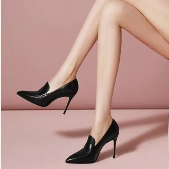 miss left Women Stiletto High Heel Loafer Pump with Trim Pointed Toe Black Shoes