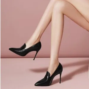 miss left Women Stiletto High Heel Loafer Pump with Trim Pointed Toe Black Shoes