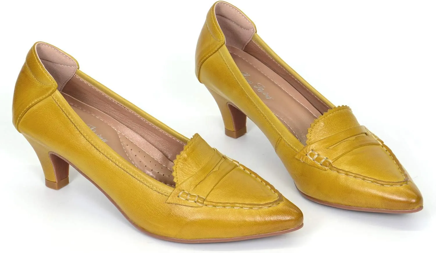 Mona flying Women's Leather Pump Med Heel Pointed Toe Office Dress Shoes for Ladies