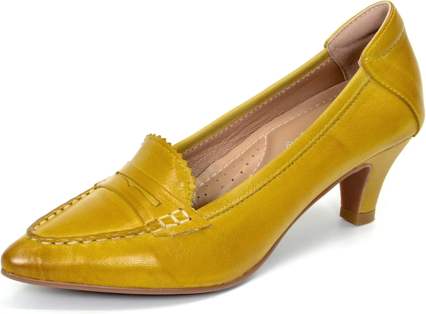Mona flying Women's Leather Pump Med Heel Pointed Toe Office Dress Shoes for Ladies