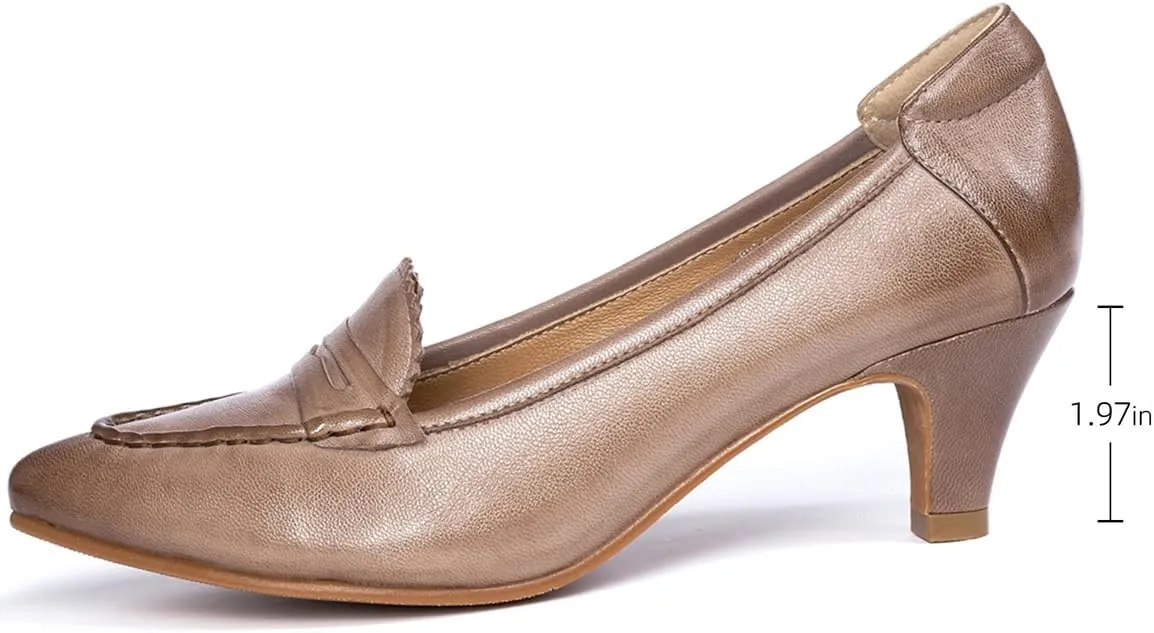 Mona flying Women's Leather Pump Med Heel Pointed Toe Office Dress Shoes for Ladies