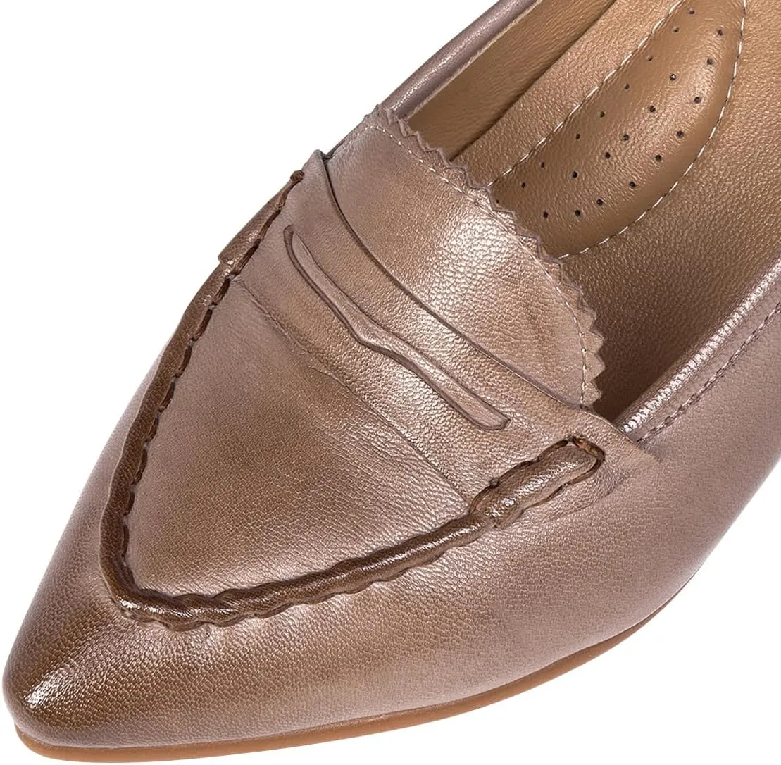 Mona flying Women's Leather Pump Med Heel Pointed Toe Office Dress Shoes for Ladies