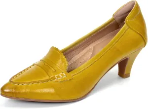 Mona flying Women's Leather Pump Med Heel Pointed Toe Office Dress Shoes for Ladies