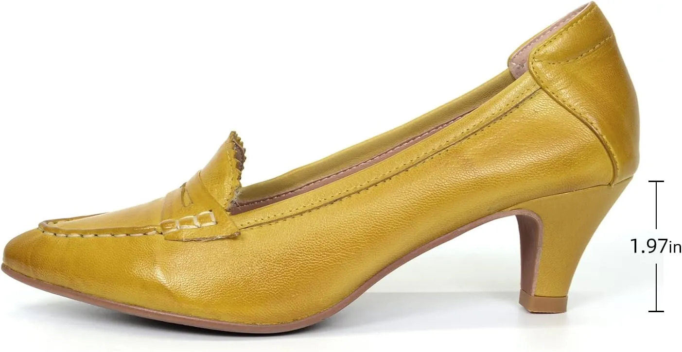 Mona flying Women's Leather Pump Med Heel Pointed Toe Office Dress Shoes for Ladies