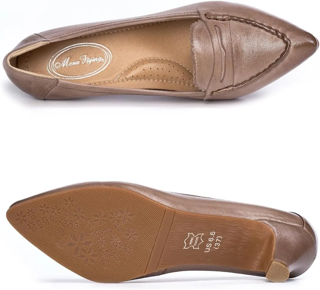 Mona flying Women's Leather Pump Med Heel Pointed Toe Office Dress Shoes for Ladies