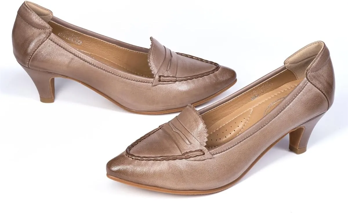 Mona flying Women's Leather Pump Med Heel Pointed Toe Office Dress Shoes for Ladies