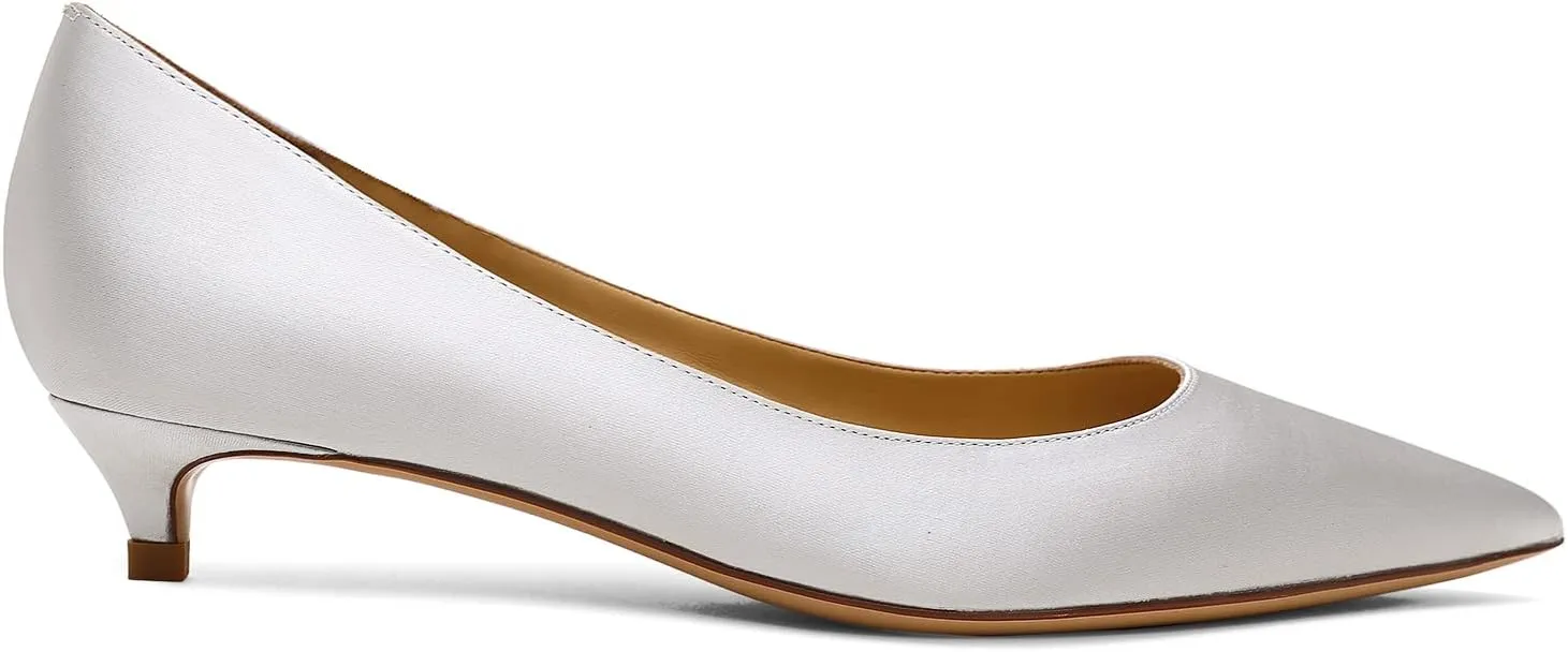 MOOMMO Low Kitten Heel Pumps for Women Pointed Toe Satin Dress Shoes Slip On 1 Inch Low Heel Work Pumps Comfy Basic Casual Office Evening Party Bridal Pump Shoes 4-13 M US