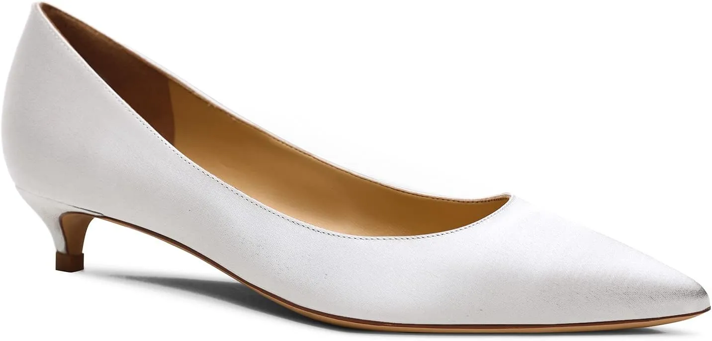MOOMMO Low Kitten Heel Pumps for Women Pointed Toe Satin Dress Shoes Slip On 1 Inch Low Heel Work Pumps Comfy Basic Casual Office Evening Party Bridal Pump Shoes 4-13 M US
