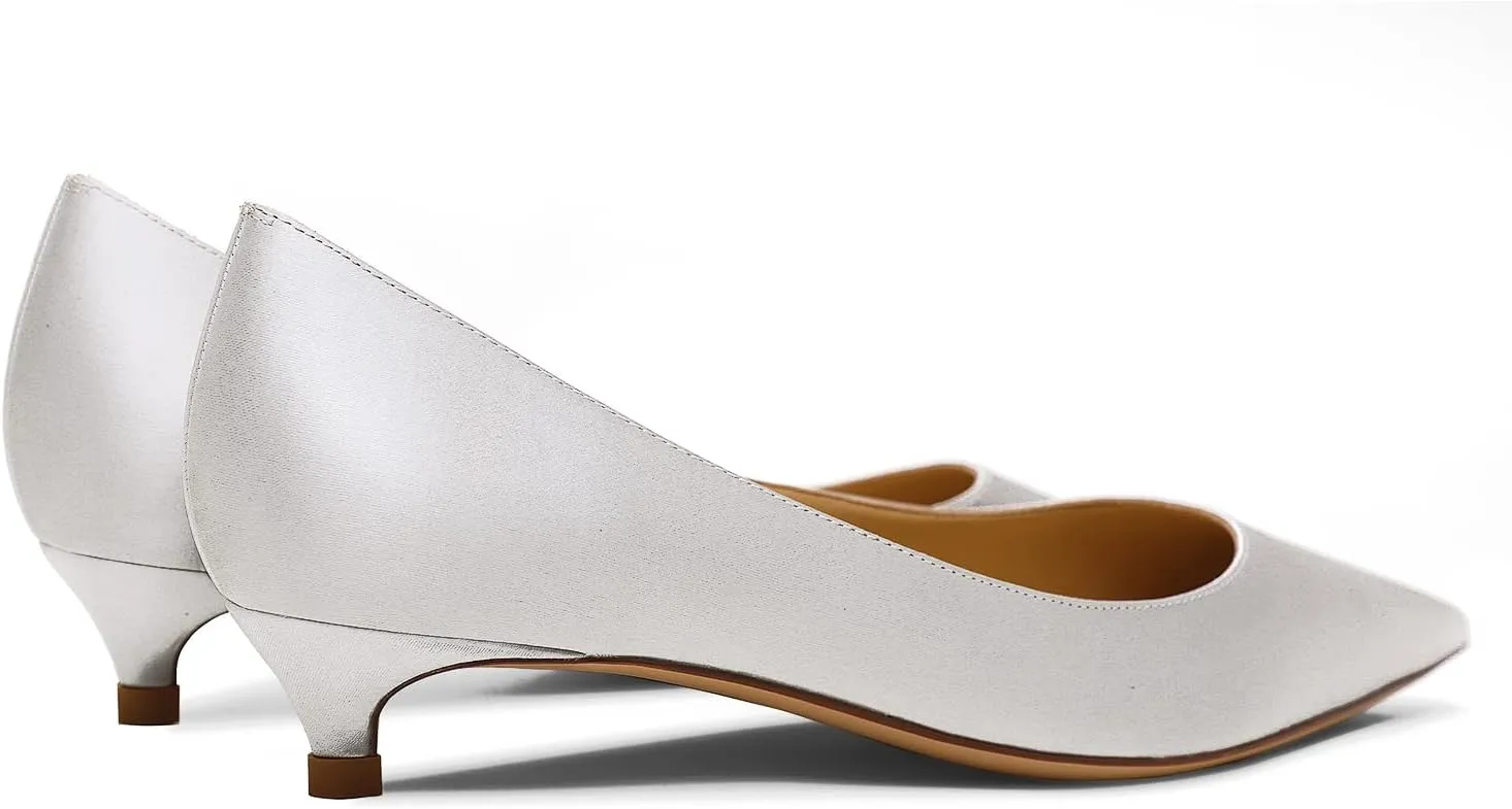 MOOMMO Low Kitten Heel Pumps for Women Pointed Toe Satin Dress Shoes Slip On 1 Inch Low Heel Work Pumps Comfy Basic Casual Office Evening Party Bridal Pump Shoes 4-13 M US