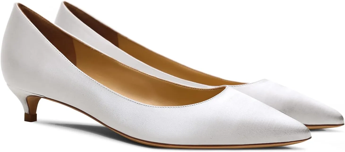 MOOMMO Low Kitten Heel Pumps for Women Pointed Toe Satin Dress Shoes Slip On 1 Inch Low Heel Work Pumps Comfy Basic Casual Office Evening Party Bridal Pump Shoes 4-13 M US