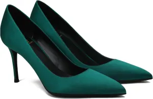 MOOMMO Women Green Kitten Heel Sandals Classic High Heels Pumps Pointed Toe Stiletto Suede Pump Slip On Satin Heel Dress Shoe Wedding Office Closed Toe Ladies Dressy Retro Elegant Satin Dark Green 10