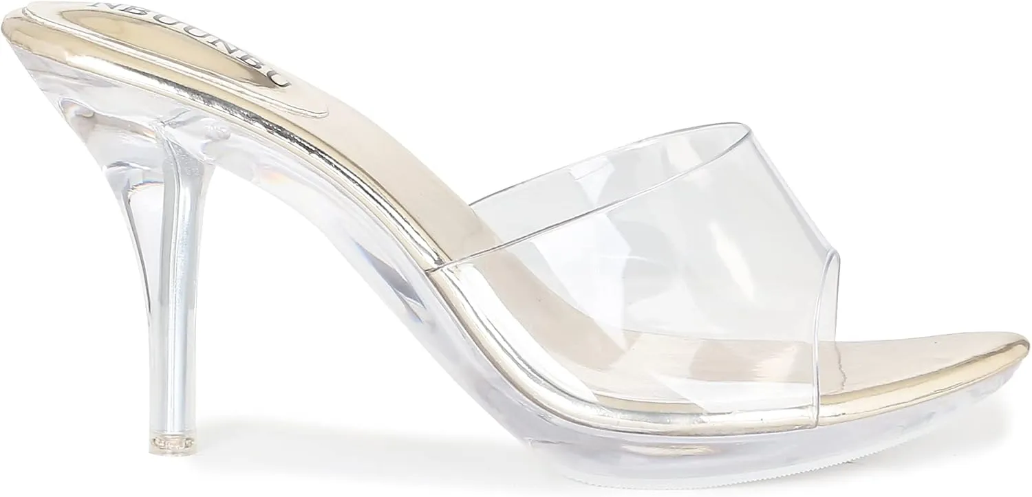 NBUUNBU Silver Clear Heels For Women Dress Shoes Transparent Strap Sexy Stilletos Heels Open Toe High Silver Heeled Sandals Pump Mules