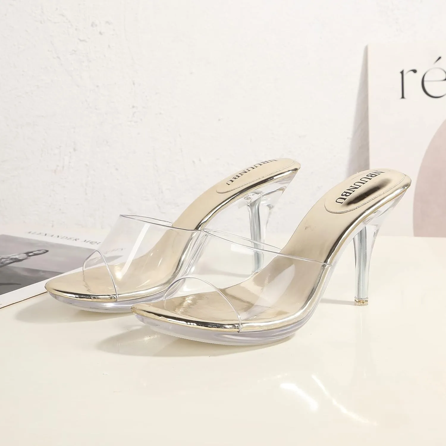 NBUUNBU Silver Clear Heels For Women Dress Shoes Transparent Strap Sexy Stilletos Heels Open Toe High Silver Heeled Sandals Pump Mules