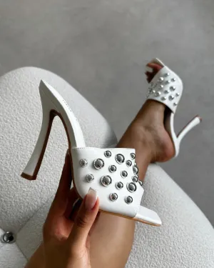 Opalle White Heeled Mules With Silver Studs