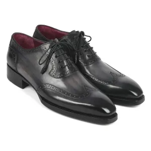Paul Parkman 6819-GRY Men's Handmade Shoes Black & Gray Calf-Skin Leather Goodyear Welted Wingtip Oxfords (PM6345)