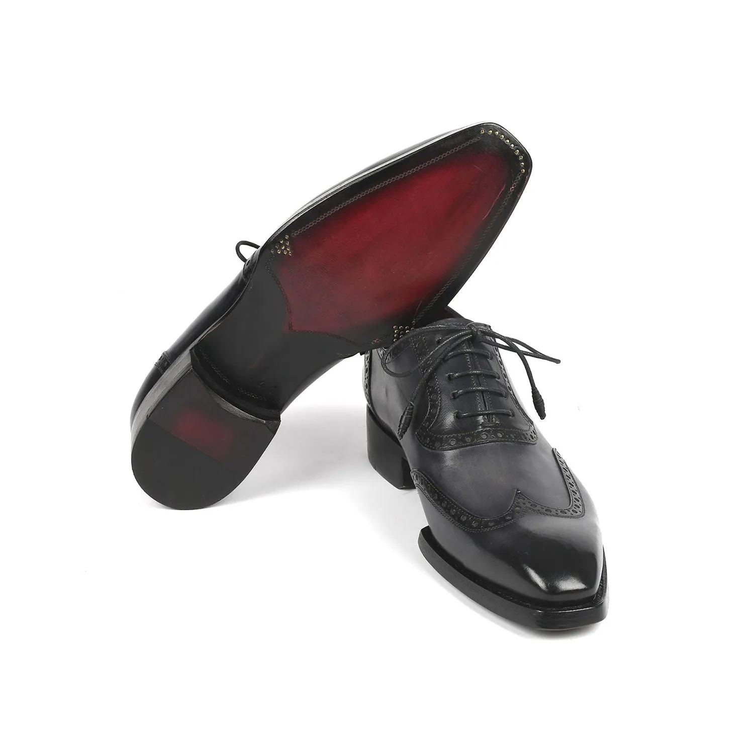 Paul Parkman 6819-GRY Men's Handmade Shoes Black & Gray Calf-Skin Leather Goodyear Welted Wingtip Oxfords (PM6345)