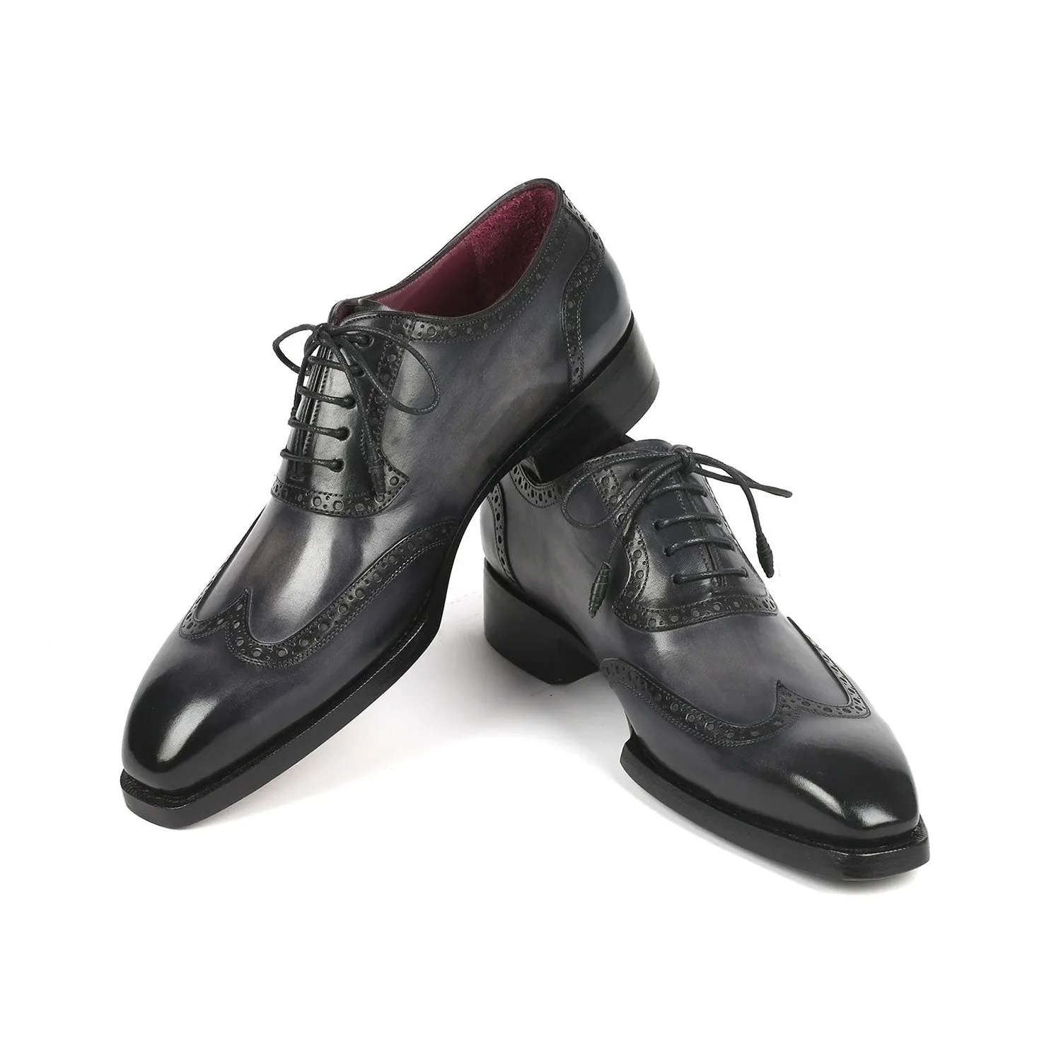 Paul Parkman 6819-GRY Men's Handmade Shoes Black & Gray Calf-Skin Leather Goodyear Welted Wingtip Oxfords (PM6345)