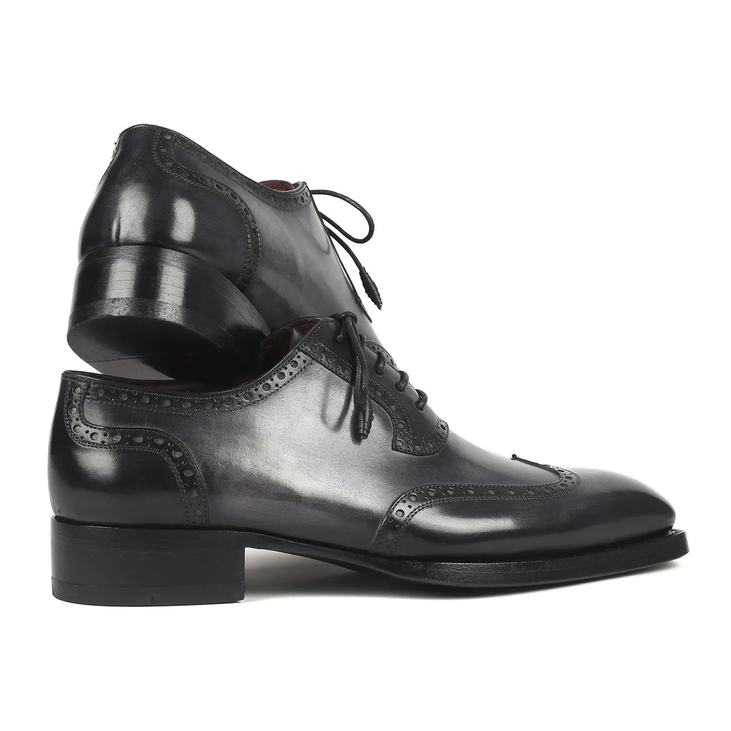 Paul Parkman 6819-GRY Men's Handmade Shoes Black & Gray Calf-Skin Leather Goodyear Welted Wingtip Oxfords (PM6345)