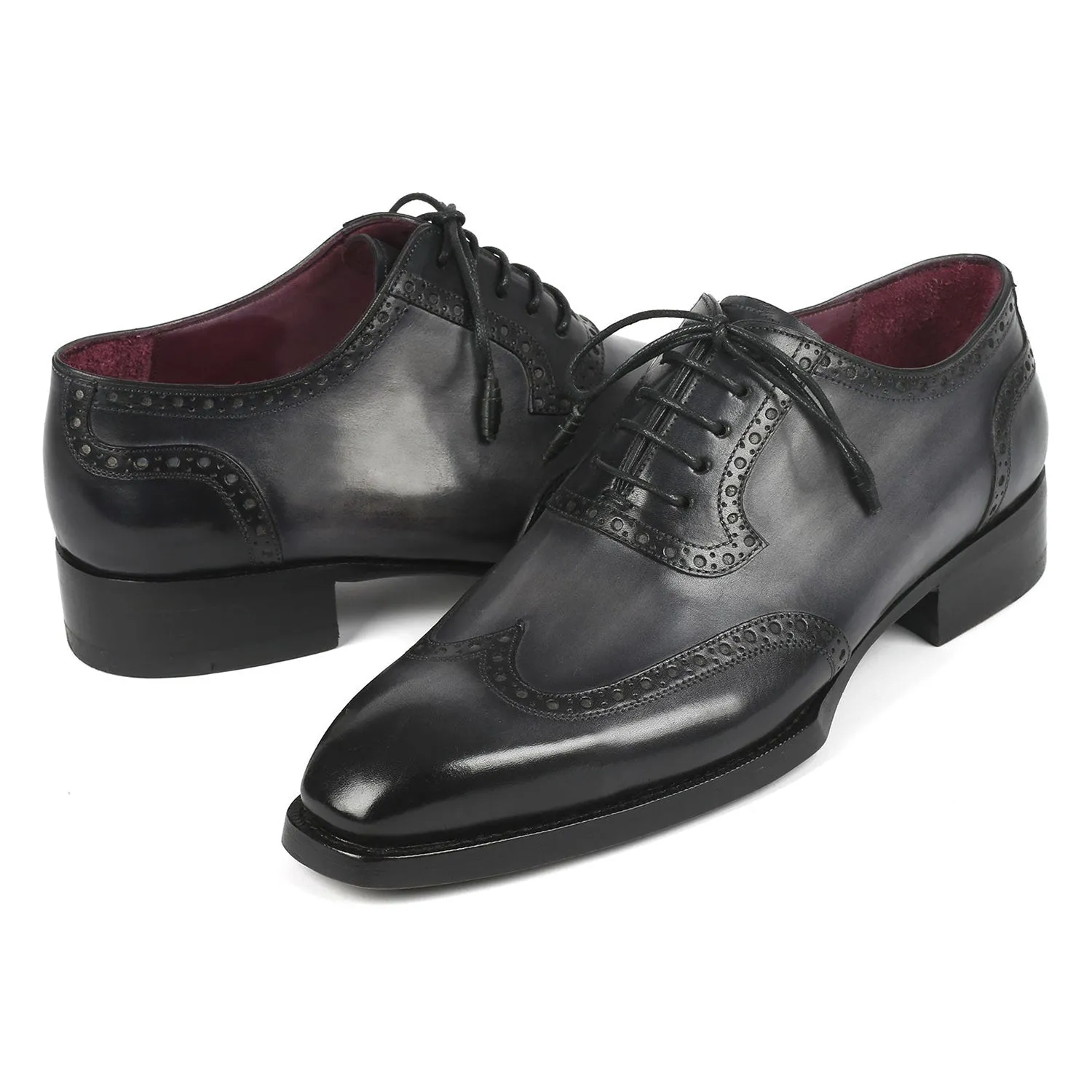 Paul Parkman 6819-GRY Men's Handmade Shoes Black & Gray Calf-Skin Leather Goodyear Welted Wingtip Oxfords (PM6345)