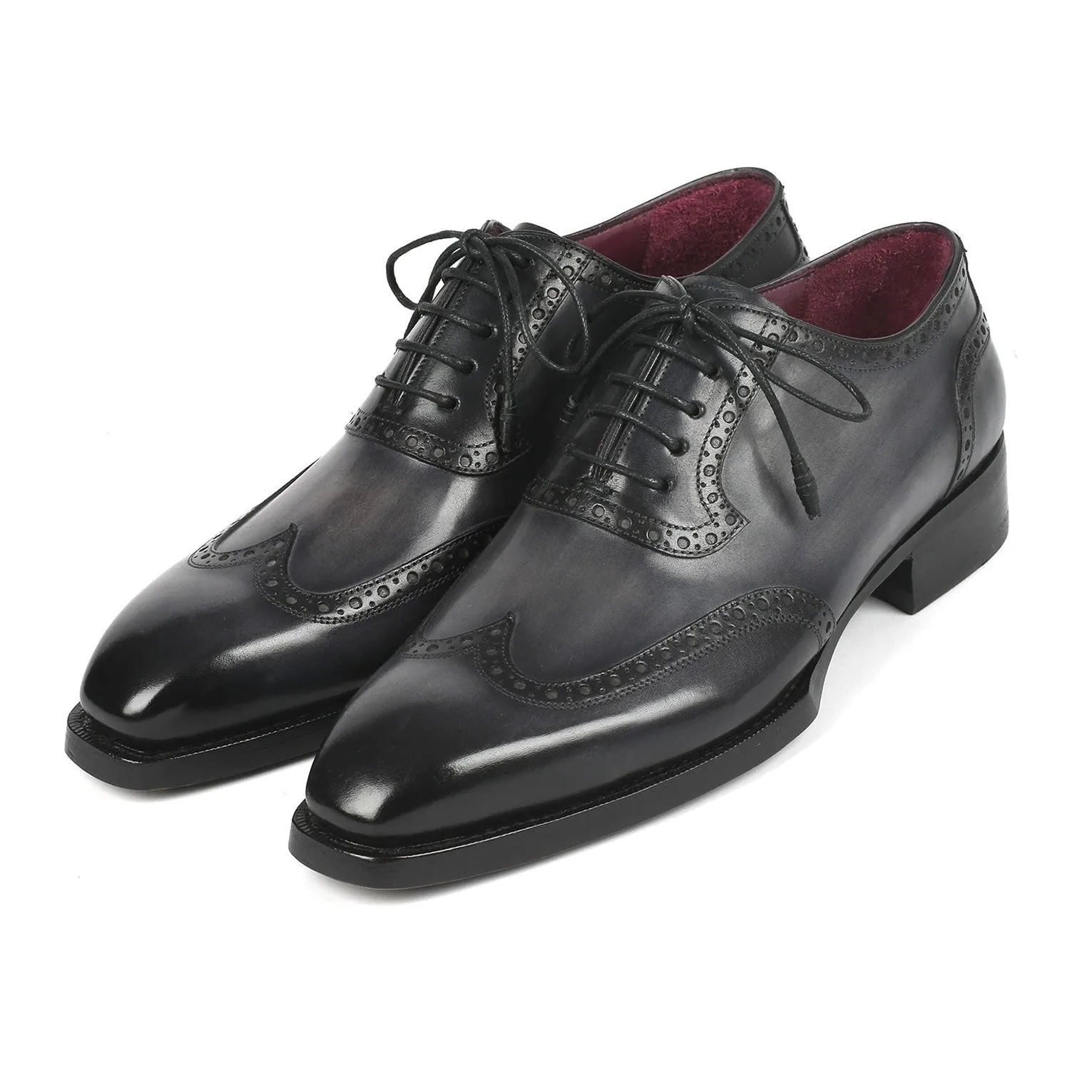 Paul Parkman 6819-GRY Men's Handmade Shoes Black & Gray Calf-Skin Leather Goodyear Welted Wingtip Oxfords (PM6345)