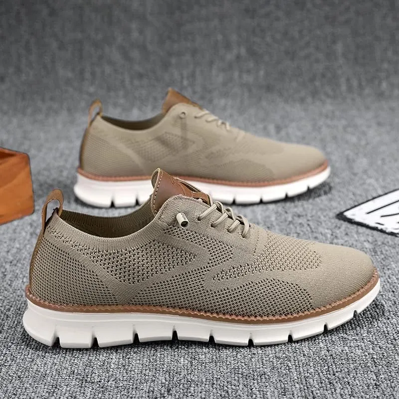 Plus Big Sizes Men's Breathable Mesh Sneakers, Casual Comfort Shoes with Knit Upper, Lightweight Flexible Sole, Khaki