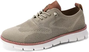 Plus Big Sizes Men's Breathable Mesh Sneakers, Casual Comfort Shoes with Knit Upper, Lightweight Flexible Sole, Khaki