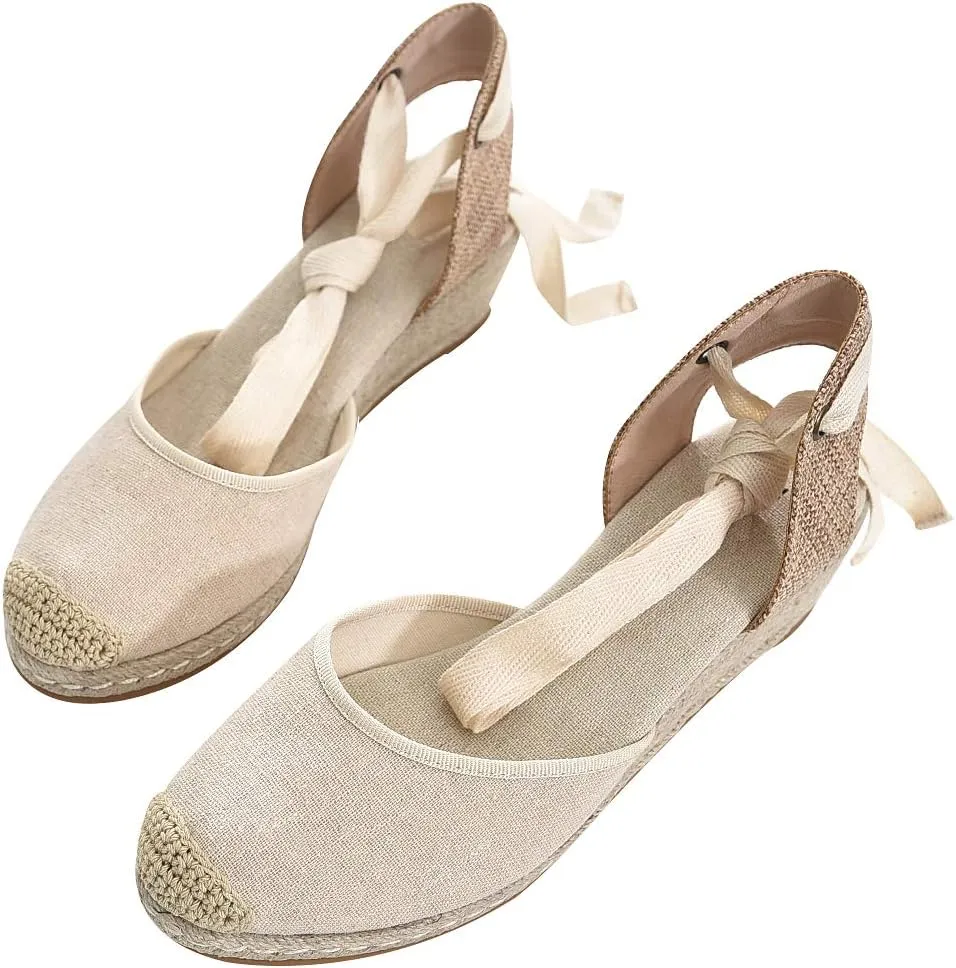 rismart Women's Ankle Tie Espadrilles Wedge Closed Toe Canvas Sandals