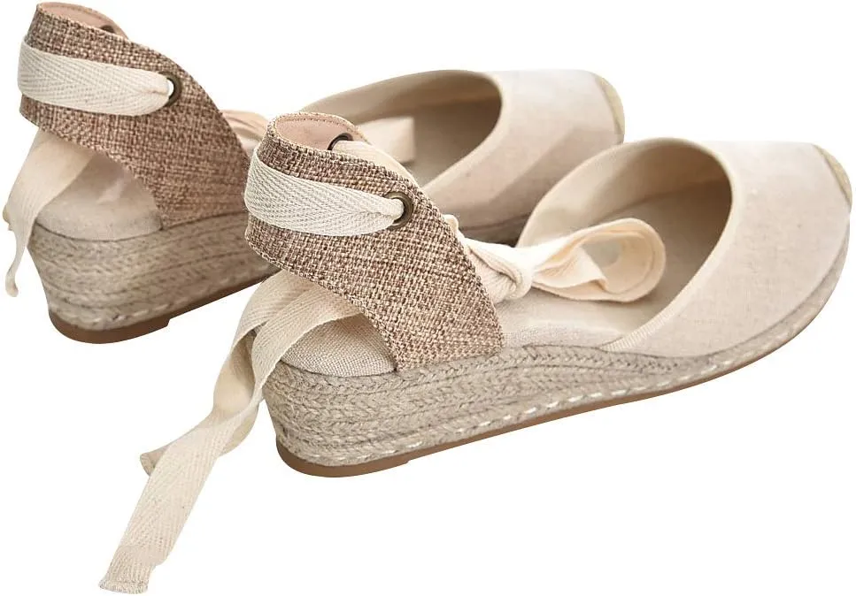 rismart Women's Ankle Tie Espadrilles Wedge Closed Toe Canvas Sandals