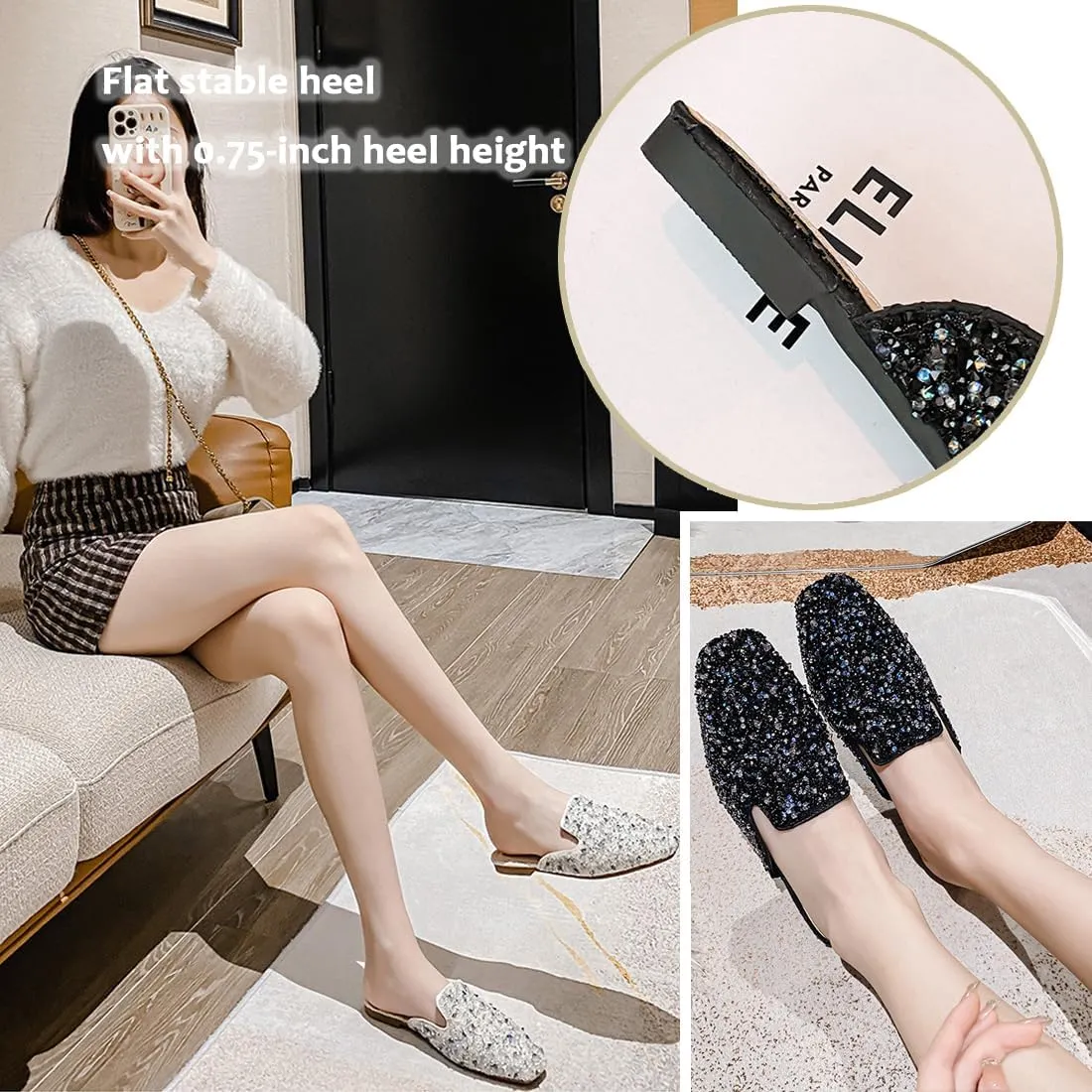 SAFECAMS Women's Glitter Rhinestone Flat Mules Comfortable Square Toe Casual Slip on Slides Loafer Ladies Sparkly Crystal Baotou Clogs Slippers