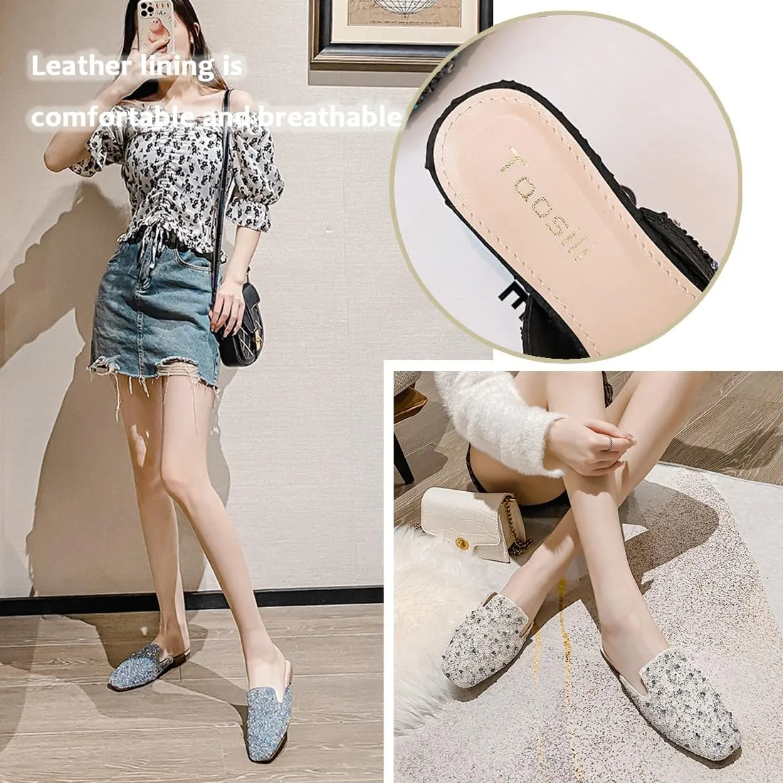 SAFECAMS Women's Glitter Rhinestone Flat Mules Comfortable Square Toe Casual Slip on Slides Loafer Ladies Sparkly Crystal Baotou Clogs Slippers