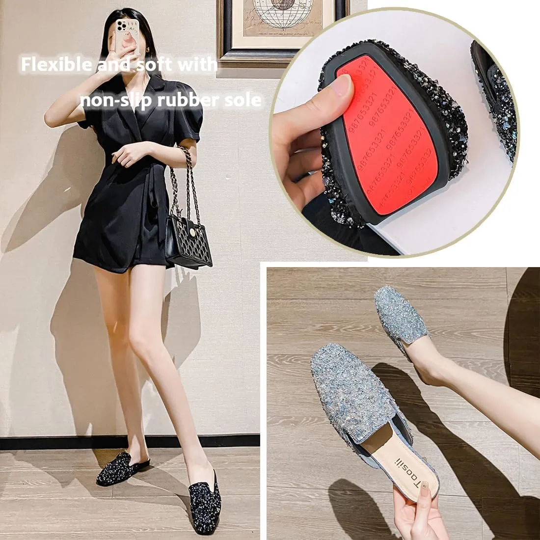 SAFECAMS Women's Glitter Rhinestone Flat Mules Comfortable Square Toe Casual Slip on Slides Loafer Ladies Sparkly Crystal Baotou Clogs Slippers
