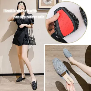 SAFECAMS Women's Glitter Rhinestone Flat Mules Comfortable Square Toe Casual Slip on Slides Loafer Ladies Sparkly Crystal Baotou Clogs Slippers