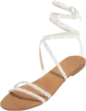 Sandals for Women Rhinestone Shiny Strappy Flat Sandals Dressy Wedding Party Sandals Casual Summer Beach Travel Shoes