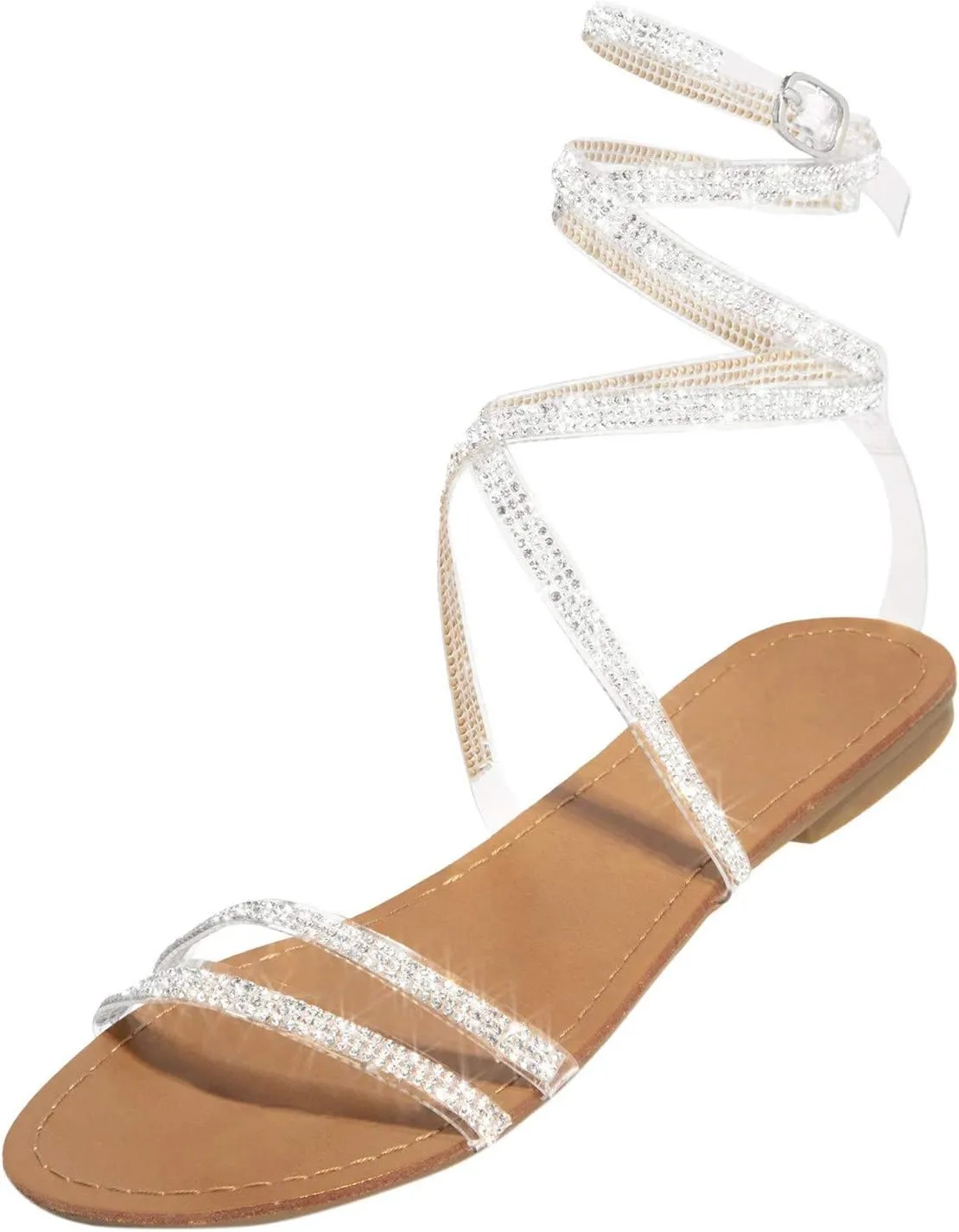 Sandals for Women Rhinestone Shiny Strappy Flat Sandals Dressy Wedding Party Sandals Casual Summer Beach Travel Shoes
