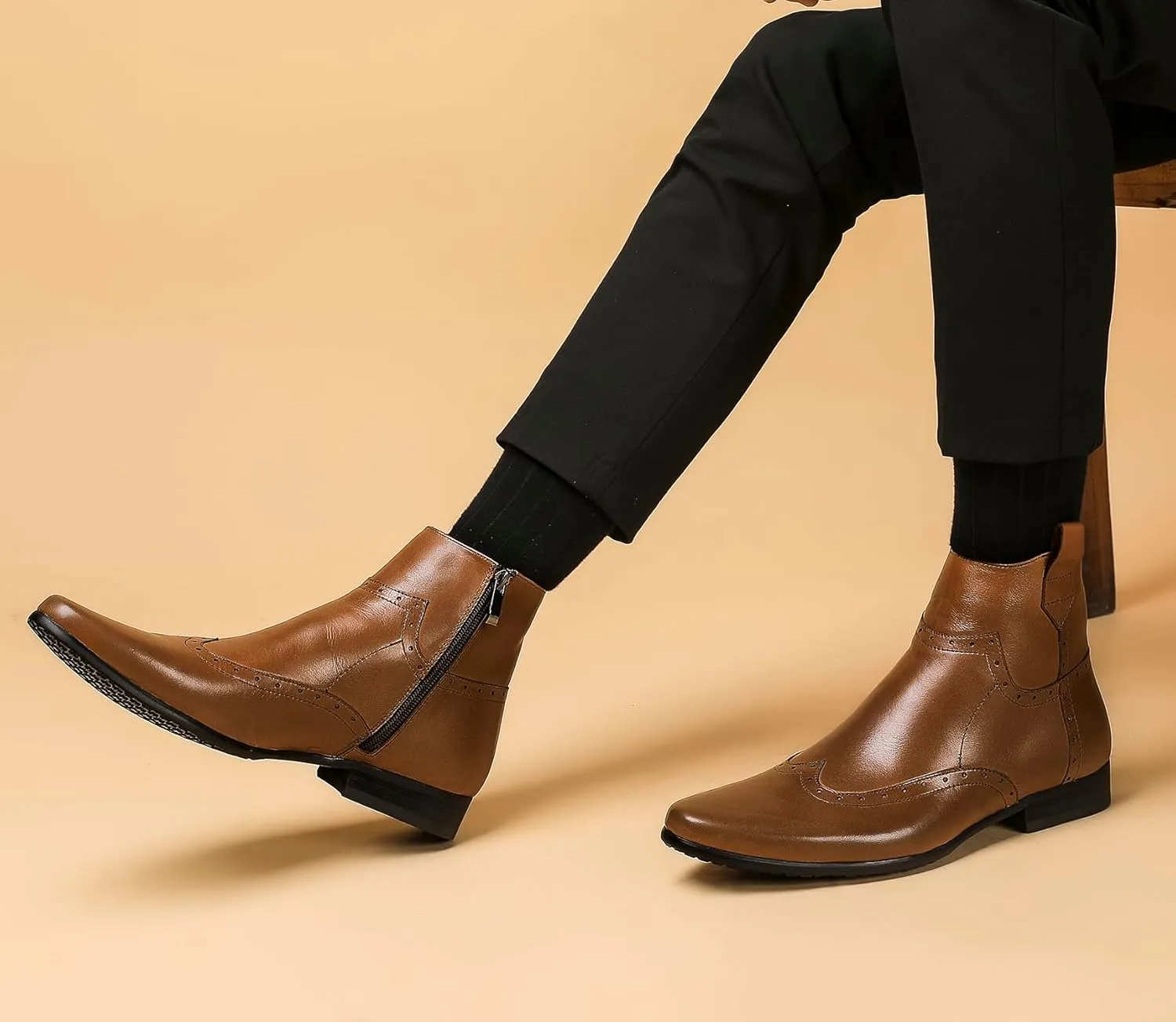 Santimon Men's Cowboy Boots Leather Wingtip Western Chelsea with Zipper
