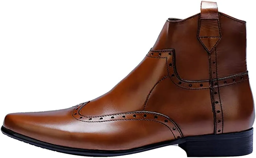 Santimon Men's Cowboy Boots Leather Wingtip Western Chelsea with Zipper