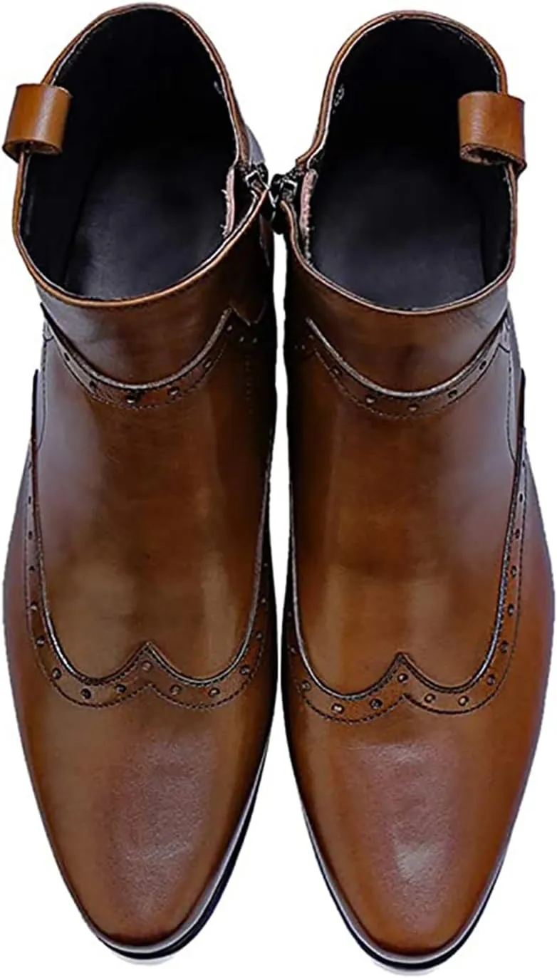 Santimon Men's Cowboy Boots Leather Wingtip Western Chelsea with Zipper