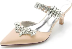 Satin Wedding Shoes for Bride,Kitten Heel Mule Heels Shoes for Women Mid Heeled Pumps Sandals Rhinestones Wedding Bridal Evening Party Dress Shoes