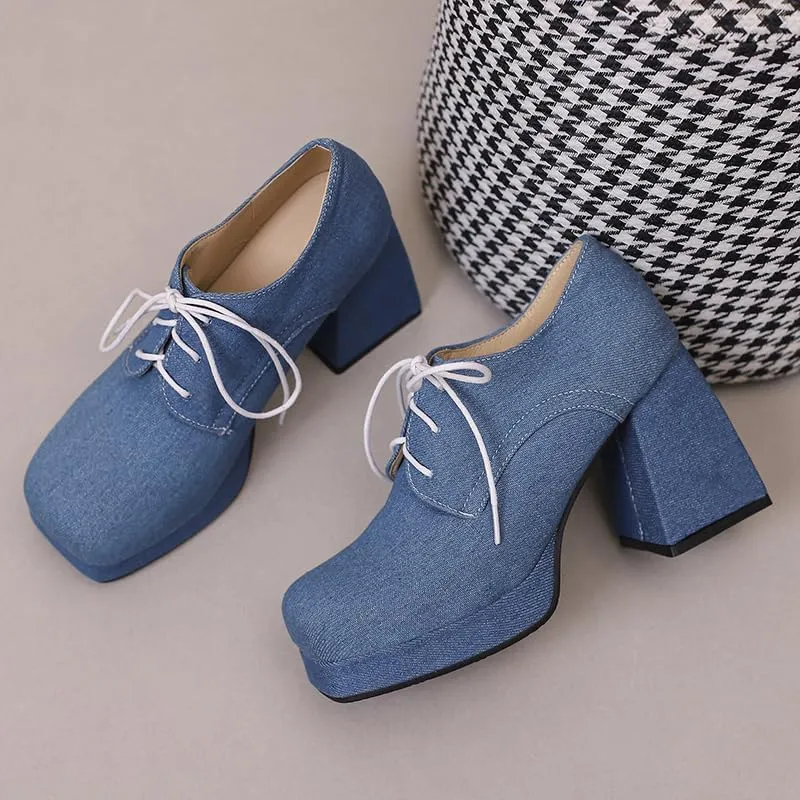 SEIFIN Women's Block High Heel Platform Pumps Square Toe Lace Up Ankle Booties Chunky Wingtip Oxford Dress Shoes