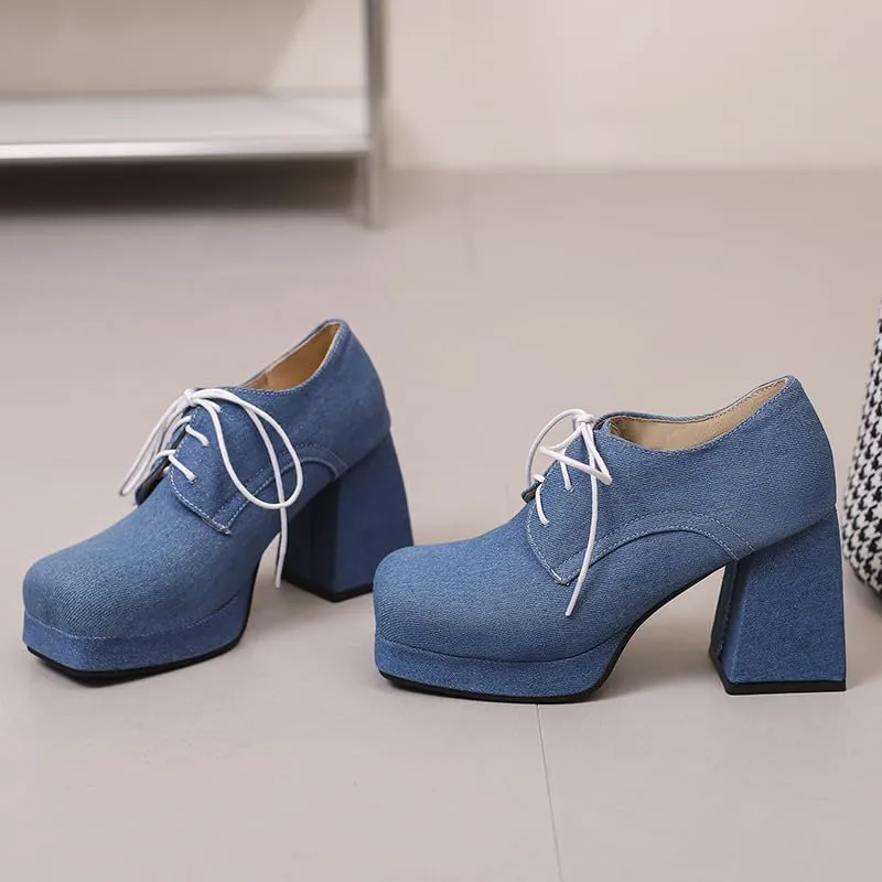 SEIFIN Women's Block High Heel Platform Pumps Square Toe Lace Up Ankle Booties Chunky Wingtip Oxford Dress Shoes