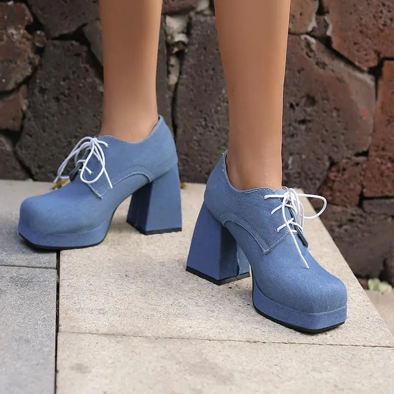 SEIFIN Women's Block High Heel Platform Pumps Square Toe Lace Up Ankle Booties Chunky Wingtip Oxford Dress Shoes