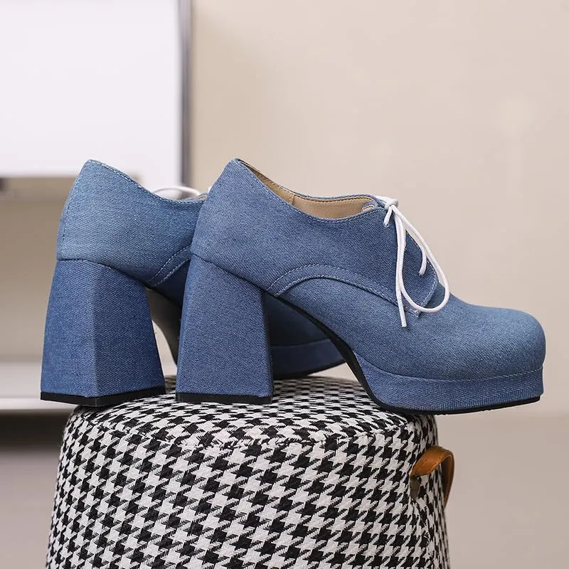 SEIFIN Women's Block High Heel Platform Pumps Square Toe Lace Up Ankle Booties Chunky Wingtip Oxford Dress Shoes