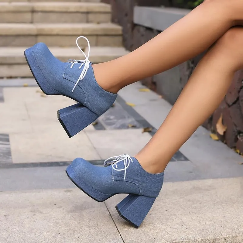 SEIFIN Women's Block High Heel Platform Pumps Square Toe Lace Up Ankle Booties Chunky Wingtip Oxford Dress Shoes