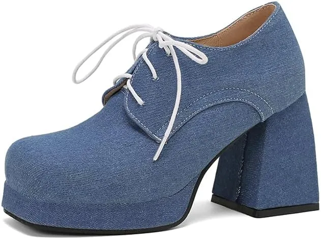 SEIFIN Women's Block High Heel Platform Pumps Square Toe Lace Up Ankle Booties Chunky Wingtip Oxford Dress Shoes